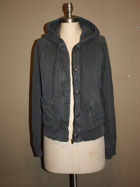 J.CREW HOODED JACKET VINTAGE FRENCH TERRY GRAY ZIPPER & BUTTON CLOSURE - LARGE